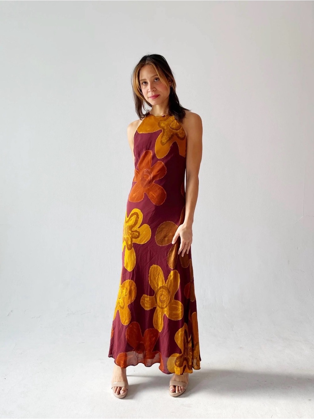 Halter Burgundy Maxi Dress with Mustard Floral Appliqué